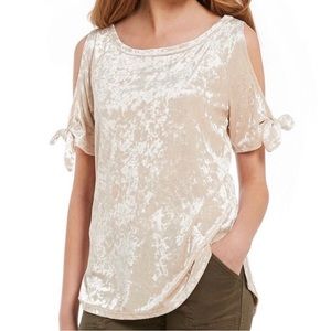 Sanctuary Velvet Tie Sleeve Cold Shoulder Short Sleeve Top Cream XS